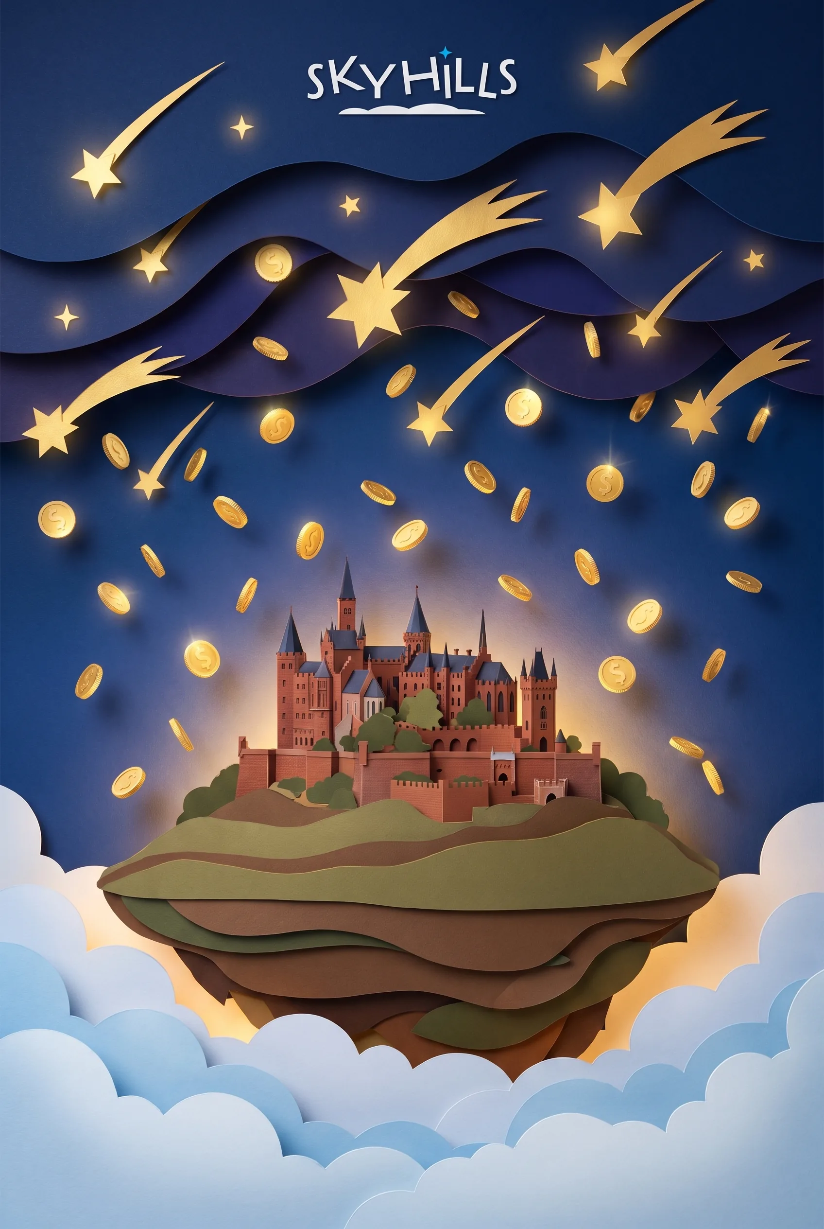 Papierowy zamek SkyHills i złote monety ilustrujące bonus powitalny